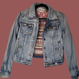 White Crow Jean Jacket Boho Distressed Denim‎ Jacket Aztec Navajo Print Panel S